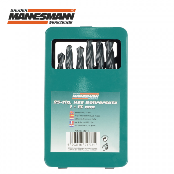 Σετ τρυπάνια HSS για μέταλλο 25 τεμαχίων 1 - 13 mm / Mannesmann 54341 / 1 Σετ τρυπάνια HSS για μέταλλο 25 τεμαχίων 1 - 13 mm / Mannesmann 54341 / 1