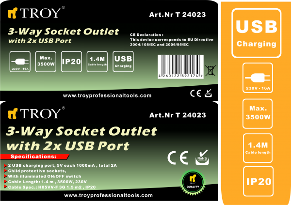 Πολύπριζο με καλώδιο, 2 θύρες USB, 3 υποδοχές και διακόπτη / Troy 24023 / 1 Πολύπριζο με καλώδιο, 2 θύρες USB, 3 υποδοχές και διακόπτη / Troy 24023 / 1